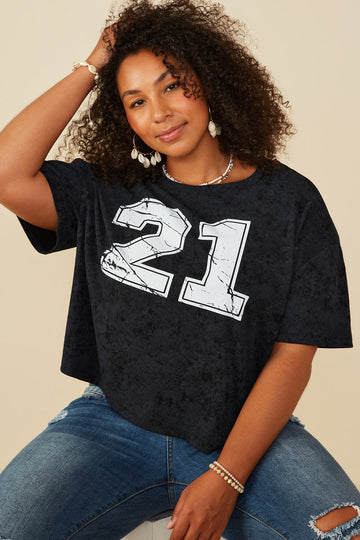 HY8525W Lavender Plus Distressed Print Washed Athletic Jersey Top Front